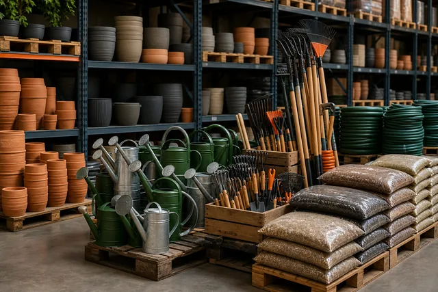 Raflarda düzenlenmiş bahçe aletleri, saksılar ve sulama malzemeleri