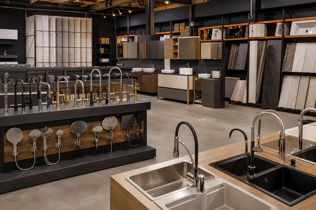 Showroomda sergilenen banyo ve mutfak evyeleri, armatürler ve seramikler