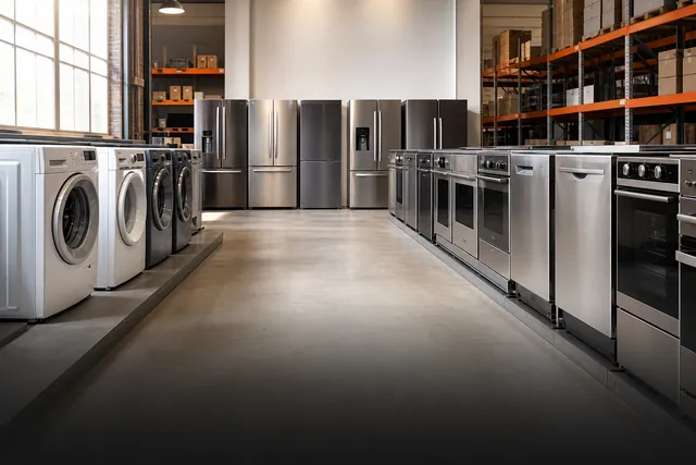 Modern beyaz eşya ürünlerinin yer aldığı geniş showroom